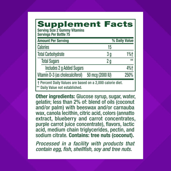 Vitafusion Vitamin D3 Gummy Vitamins for Bone and Immune System Support, Peach, Blackberry and Strawberry Flavored, 50 Mcg Vitamin D, AmericaâS