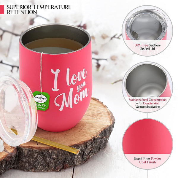 Gifts for Mom - Tea Lovers Gift Basket, Set Includes Temperature Retention Cup 12 Special Blend Teabags & Honey Presented in Beautiful Gift Bag