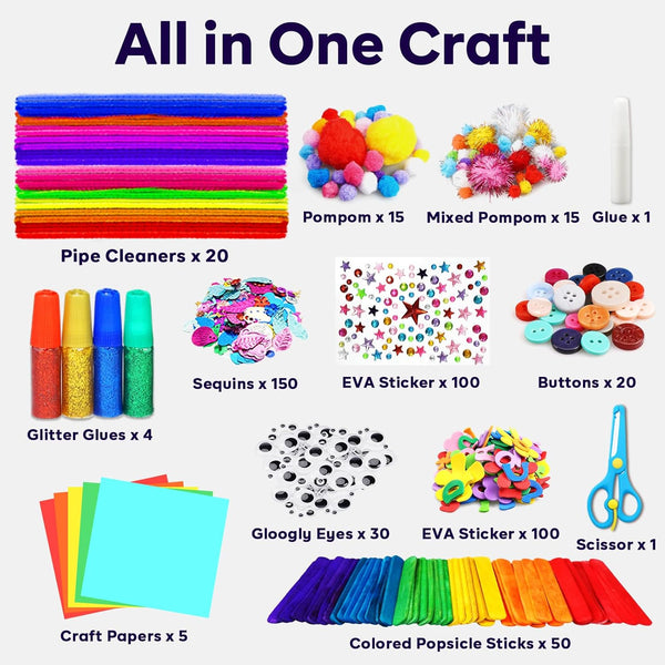 FUNZBO Arts and Crafts Supplies for Kids - Craft Kit with Glitter Glue Stick, Pipe Cleaners Pom Poms Craft & Craft Tools, DIY School Supplies Kit,