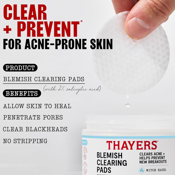 Thayers Blemish Clearing Acne Pads, Salicylic Acid Acne Treatment for Face, Pore Reducing, Exfoliating, and Soothing Skincare, Witch Hazel Toner