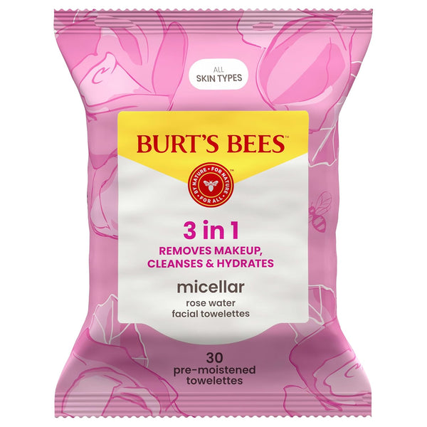 Burt'S Bees, Rose Water Face Wipes, for All Skin Types, Hydrating Micellar Makeup Remover & Facial Cleansing Towelettes, 30 Count (1 Pack)