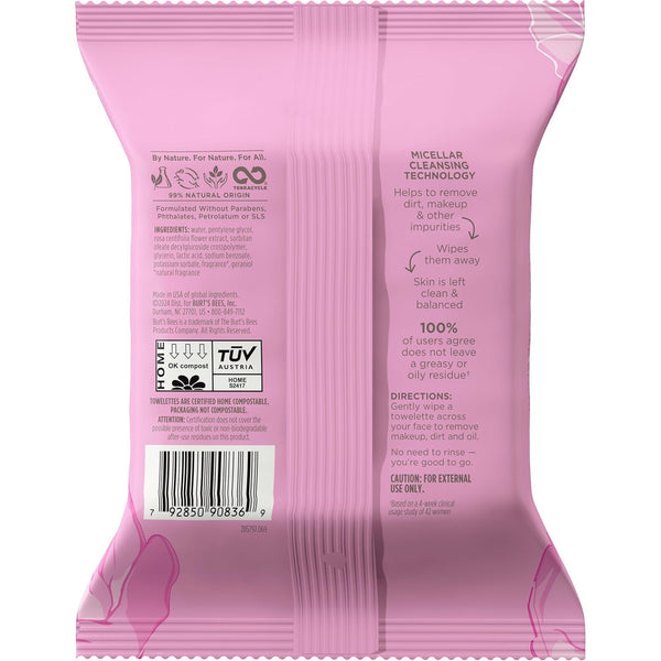 Burt'S Bees, Rose Water Face Wipes, for All Skin Types, Hydrating Micellar Makeup Remover & Facial Cleansing Towelettes, 30 Count (1 Pack)