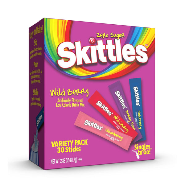 Skittles Singles to Go Wild Berry Variety Pack, Watertok Powdered Drink Mix, Zero Sugar, Low Calorie, Includes 4 Wild Berry Flavors, 1 Box (30