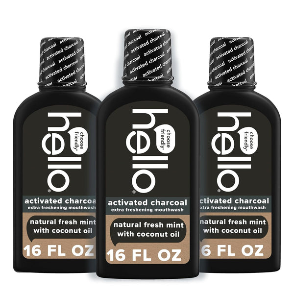 Hello Activated Charcoal Extra Freshening Mouthwash, Natural Fresh Mint and Coconut Oil, Fluoride Free, Alcohol Free, Vegan, SLS Free and Gluten