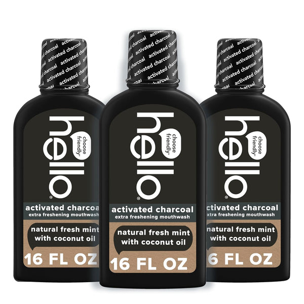 Hello Activated Charcoal Extra Freshening Mouthwash, Natural Fresh Mint and Coconut Oil, Fluoride Free, Alcohol Free, Vegan, SLS Free and Gluten