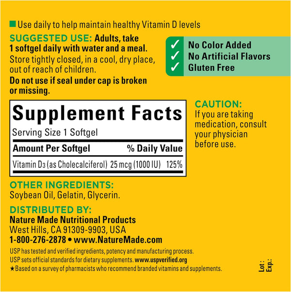 Nature Made Vitamin D3 1000 IU (25 Mcg), Dietary Supplement for Bone, Teeth, Muscle and Immune Health Support, 300 Softgels, 300 Day Supply