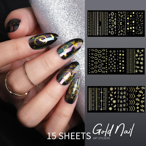 Teenitor Nail Charms Nail Art Kit with 15 Sheets Gold Nail Stickers, 6 Boxes of Nail Gems Nail Art Tools Nail Rhinestones for Nails, Nail Supplies