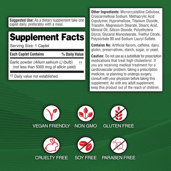 Garlique Garlic Extract Supplement, Healthy Blood Pressure Formula, 1800 Mcg Allicin, Odorless & Vegan, 60 Caplets