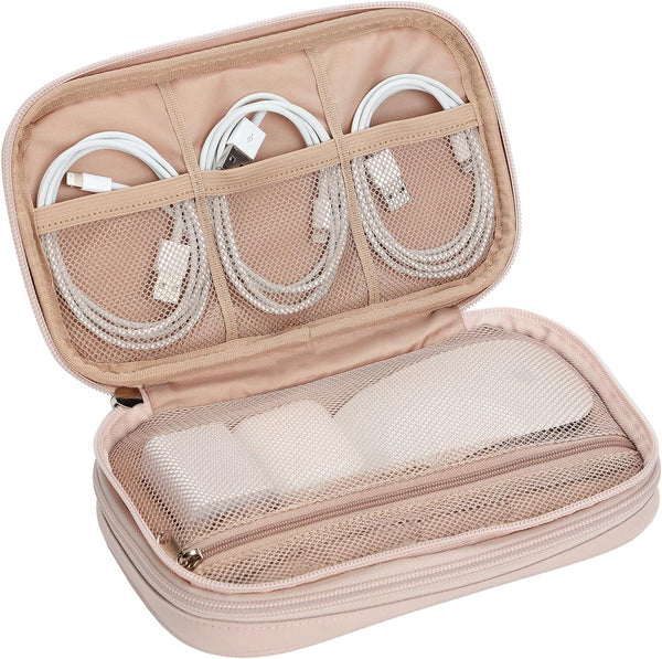NISHEL Travel Cord Organizer Case, Double Layers Tech Electronic Bag, Essentials for Charger, Cable, Phone, Flash Drive, Pink
