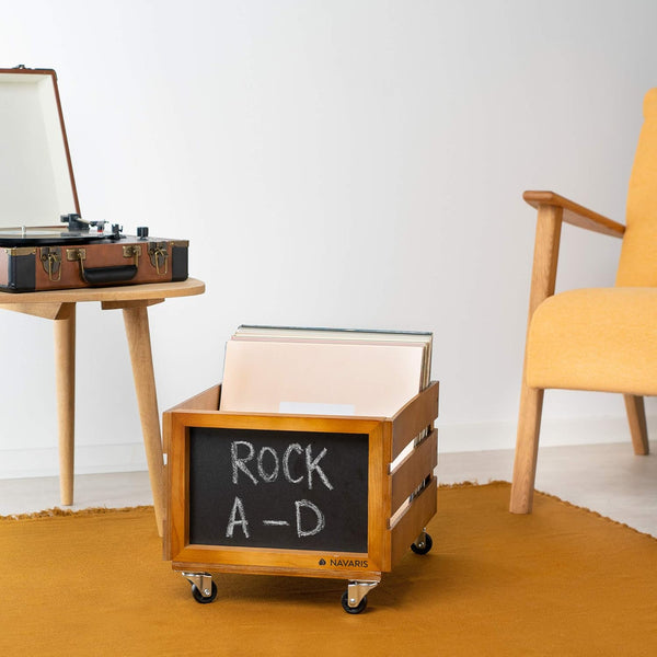 Navaris Wood Record Crate with Wheels - Vinyl Album Storage Holder Box Wooden Case with Chalkboard Sign Board - Holds up to 80 LP Records - Brown