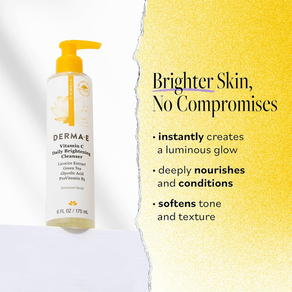 Derma E Vitamin C Cleanser - Daily Brightening & Hydrating Face Wash to Even Out Skin Tone â Moisturizing Face Cleanser for a Radiant Glow, 6 Fl Oz