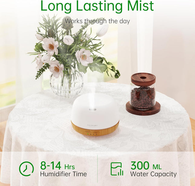 ASAKUKI Essential Oil Diffuser, Ultrasonic Aromatherapy Oil Humidifier with 7 Colors Lights 2 Mist Mode for Home