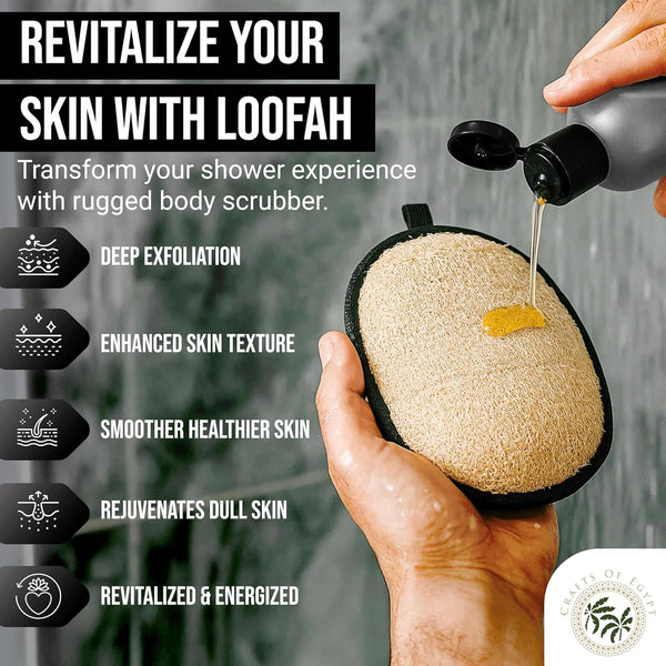 Rugged Natural Shower Loofah for Men - Tough Eco-Friendly Exfoliating Body Scrubbers, Durable & Gentle Terry Towel Cloth Pad for Manly Skin Care -