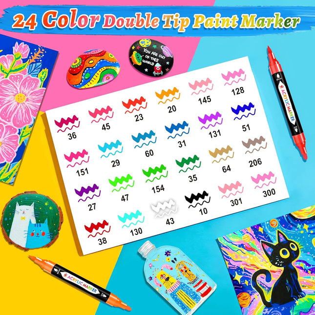 TBC the Best Crafts 24 Colors Dual Tip Acrylic Paint Markers,Waterproof, Non-Toxic, Odorless, Suitable for Paper, Potter