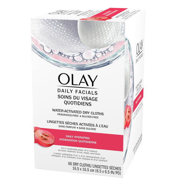 Olay Daily Facials, Daily Clean Makeup Removing Facial Cleansing Wipes, 5-In-1 Water Activated Cloths, Exfoliates, Tones and Hydrates Skin, 66 Count