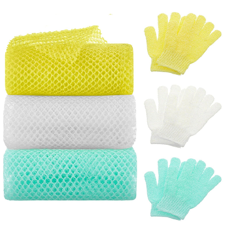 6 Pack African Net Sponge Exfoliating Glove Set, 3 Bath Sponge Body Scrubber Back Scrubber and 3 Pairs Exfoliating Gloves for Shower