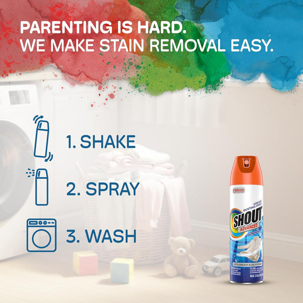 Shout Advanced Grease Busting Foam, Laundry Stain Remover, Oil and Grease Stain Remover for Clothes Laundry; Works on Motor Oil, Bike Grease,