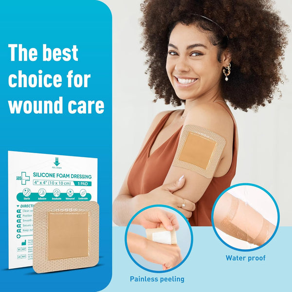 General Medi Waterproof Silicone Foam Island Dressing (10 Packs) â 4" X 4" Sterile Wound Care Pad with Adhesive Border - Sterile, Soft & Highly