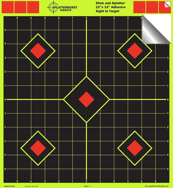 Splatterburst Targets - 12 X 12 Inch Sight in Stick & Splatter Self Adhesive Shooting Targets - Shots Burst Bright Fluorescent Yellow - Great for