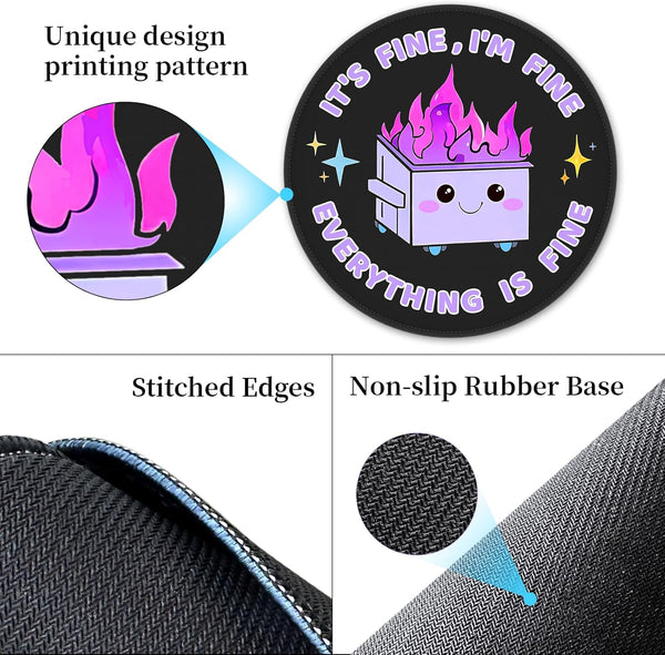 Funny Mouse Pad for Desk, Cute Office Decor for Women, Dumpster on Fire Small Mousepad with Non-Slip Rubber Base, This Is Fine round Computer