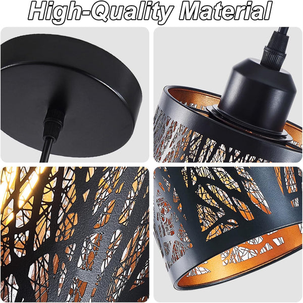 Industrial Black Pendant Light Fixture Vintage Farmhouse Mini Black Gold Pendant Lighting Rustic Hollow-Carved Cylinder Pendant Light for Kitchen