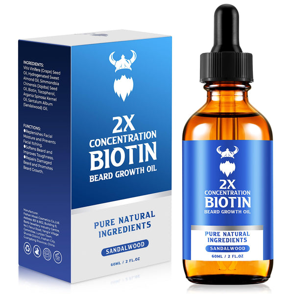 Beard Growth Oil - 2X Concentration Biotin Beard Oil for Men (2 Oz) - Natural Mens Beard Oil with Argan Oil, Jojoba Oil and Vitamin, Beard Growth