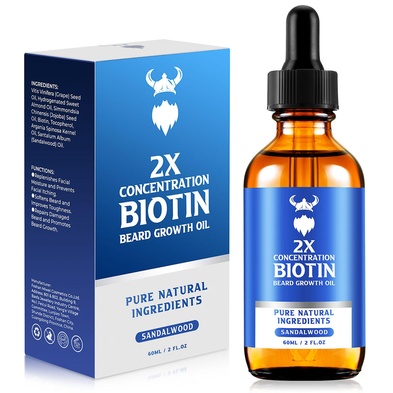 Beard Growth Oil - 2X Concentration Biotin Beard Oil for Men (2 Oz) - Natural Mens Beard Oil with Argan Oil, Jojoba Oil and Vitamin, Beard Growth