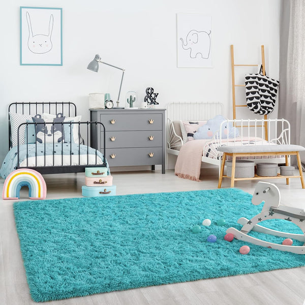 Ompaa Soft Fluffy Area Rug for Living Room Bedroom, 4X6 Teal Blue Plush Shag Rugs, Fuzzy Shaggy Accent Carpets for Kids Girls Rooms, Modern