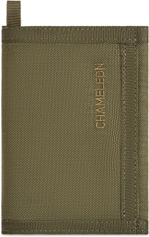 Chameleon Trifold Men Nylon Wallet - Military Tactical Mens Wallets- ID Card Holder - Canvas Thin Front Pocket Travel Wallet -Coin Zipper Pocket OLIVE