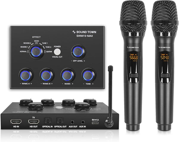 Sound Town 16 Channels Wireless Microphone Karaoke Mixer System W/ 2 Wireless Mics, HD ARC, Optical (Toslink), AUX, Supports Smart TV, Media Box,