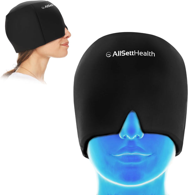 Migraine Relief Cap Ice Head Wrap and Hat | Hot/Cold Gel Pack with Face and Eye Mask Compress for Headache Relief - Black - FSA HSA Eligible