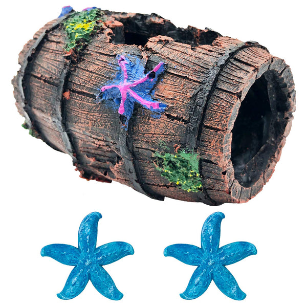 GSD Star-Fish Broken Barrel Decor Resin Betta Tank Accessories Ornaments for Cave Hide Decorations, Broken Barrel X 1Pc, Blue Star Fish Ornaments