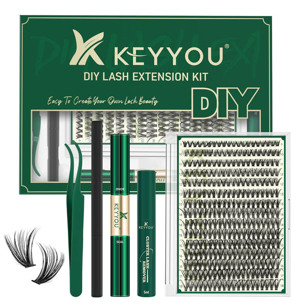 DIY Lash Extension Kit KEYYOU 300Pcs Individual Eyelash Extension Kit 40D 0.07D Curl 9-18MIX Lash Clusters Kit with Lash Glue Remover Applicator