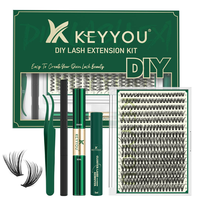 DIY Lash Extension Kit KEYYOU 300Pcs Individual Eyelash Extension Kit 40D 0.07D Curl 9-18MIX Lash Clusters Kit with Lash Glue Remover Applicator