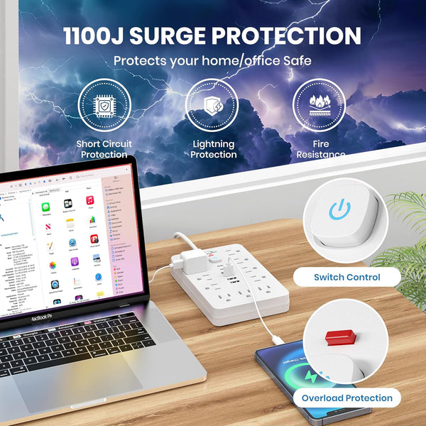 JouleLoom Power Strip Surge Protector with 11 Outlets, 4 USB and 2 USB C Ports, 5 Ft Extension Cord, Flat Plug, Wall Mount, Overload Protection