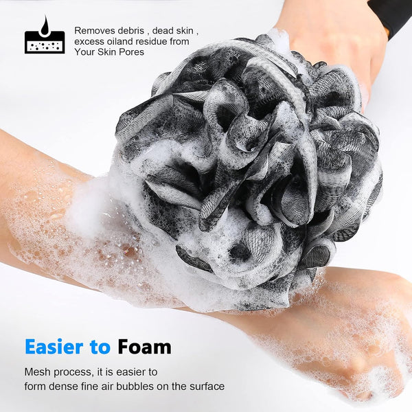 Black Loofah on a Stick PE Soft Mesh Luffa with Non-Slip Wooden Handle Made of Soft and Sturdy Rubber Material Back Scrubber for Shower for Women