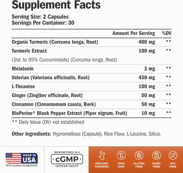 Turmeric Supplement - Turmeric Curcumin with Black Pepper, Melatonin 3Mg & Valerian. Natural Sleep Aid for Adults with L-Theanine, Ginger,