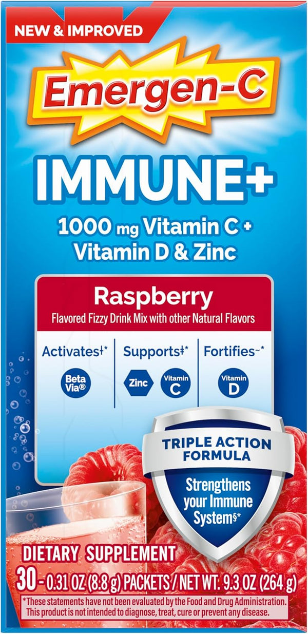 Emergen-C Immune+ Triple Action Immune Support Powder, Betavia (R), 1000Mg Vitamin C, B Vitamins, Vitamin D and Antioxidants, Raspberry â 30 Count