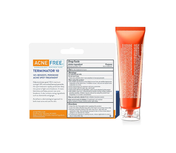 Acnefree Terminator 10 Acne Spot Treatment with Benzoyl Peroxide 10% Maximum Strength Acne Cream Treatment, 1 Ounce - Pack of 1