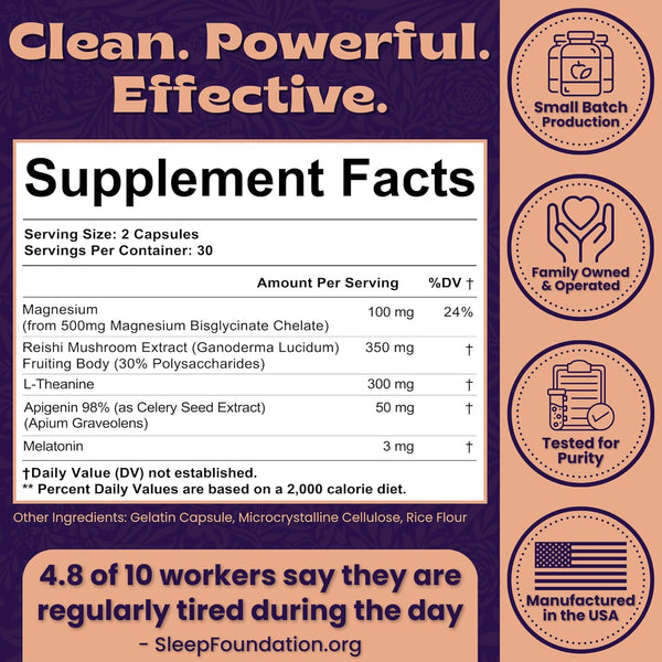 Natural Sleep Aid with Magnesium Glycinate 500Mg Reishi Mushroom 350Mg L-Theanine 300Mg Apigenin 50Mg Melatonin 3Mg - Magnesium Sleep Supplement