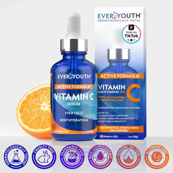 Vitamin C Serum for Face, Stem Cells, Niacinamide, Hyaluronic Acid & Vitamin E – Anti-Aging Retinol Facial Serum with Glycolic Acid & Retinal for
