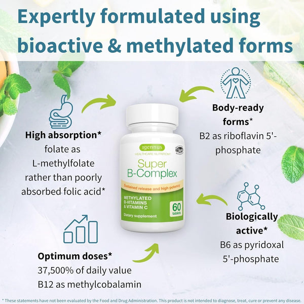 Igennus Super B-Complex Methylated B Vitamins, Sustained Release, Clean Label, MTHFR Supplement with Methylfolate & B12 Methylcobalamin, Vegan,