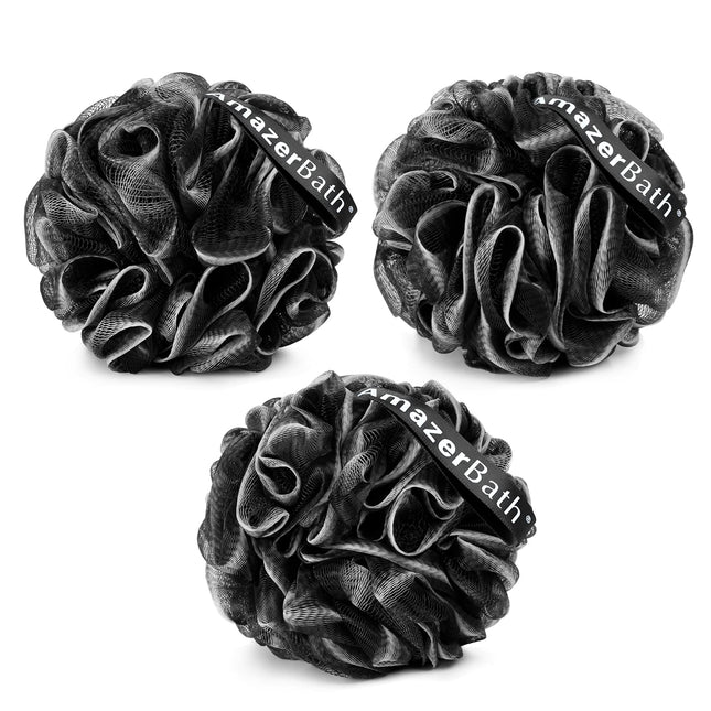 Amazerbath Loofah Sponge, Shower Loofah for Men and Women - Body Scrubber Loofa Set of 3 Classic Black & White Edge, Bat