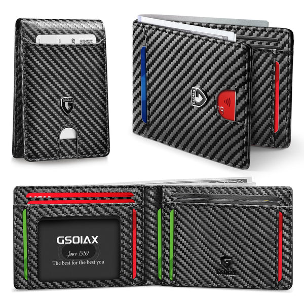 GSOIAX Mens Slim Wallet RFID Blocking Bifold Wallets for Men Minimalist Genuine Leather Carbon Fiber Card Holder Money Clip Thin Mens with Gift