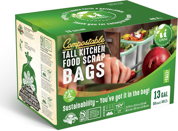UNNI Compostable Liner Bags, 13 Gallon, 49.2 Liter, 50 Count, Heavy Duty 0.9 Mil, Tall Kitchen Food Scrap Waste Bags, ASTM D6400, US BPI, CMA and