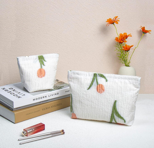 2 Pcs Makeup Bags, Large Cosmetic Bag Travel Toiletry Bag Organizer for Women, Embroidery Craft, Floral Makeup Bag Small