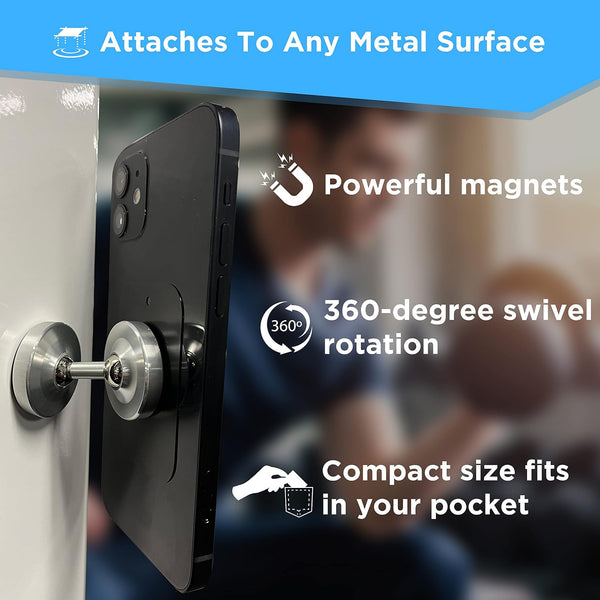 Dual Magnetic Phone Mount & Holder. Attaches Magnetically to Metal Surface. Shoot Hands-Free Videos While Working Out. Strong Joints and Magnets.