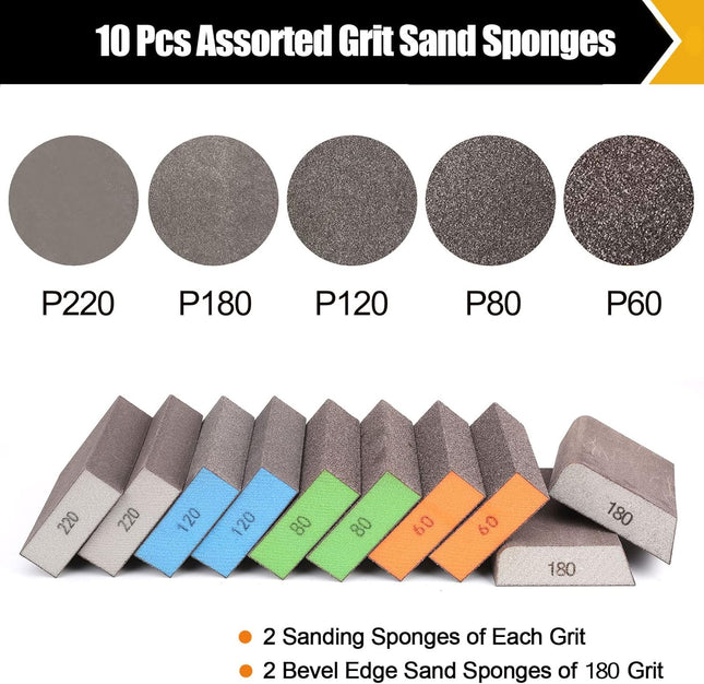 BOSHCRFAT 10 Pack Sanding Block, Washable and Reusable Sanding Sponge for Wood Drywall Metal Glasses Coarse/Medium/Fine/