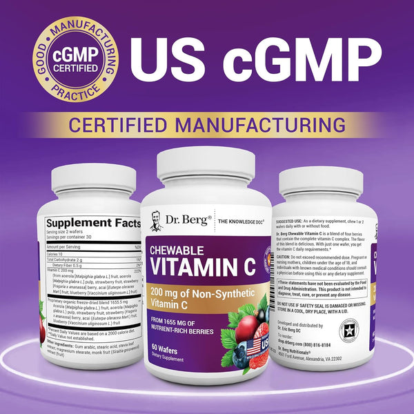 Dr. Berg Chewable Vitamin C Complex - Made with Organic, Non-Gmo Berries - 60 Delicious Wafers