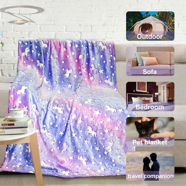 Unicorn Glow in the Dark Blanket for Girls/Kids Age 3-12, Soft Fleece Throw - 40"X60